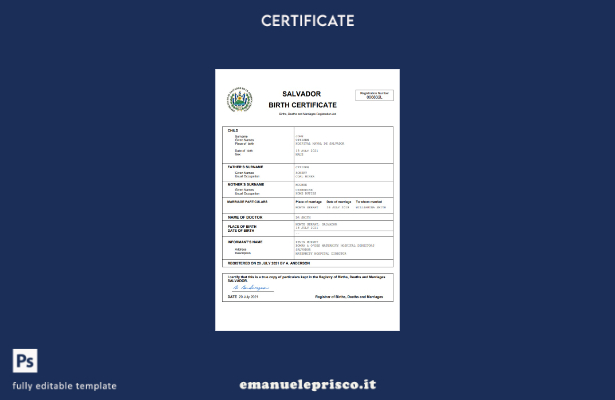 certificato di nascita di Salvador in stile verificato modello Word e PDF